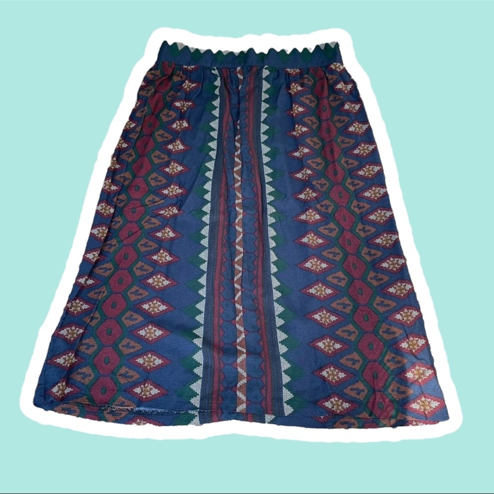 Vintage Mid Length Skirt Elastic Waist Funky Pattern 90s Aesthetic Red Blue Gree